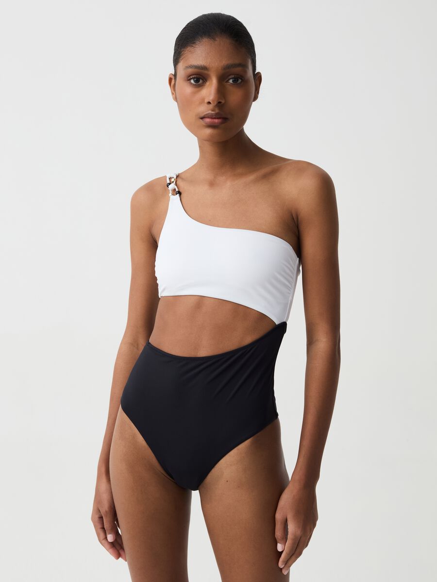 Two-tone one-piece swimsuit with one shoulder strap_0