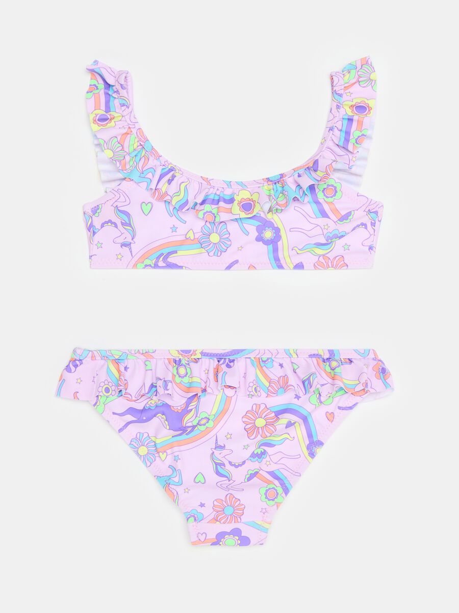 Bikini with unicorn print and frills_1