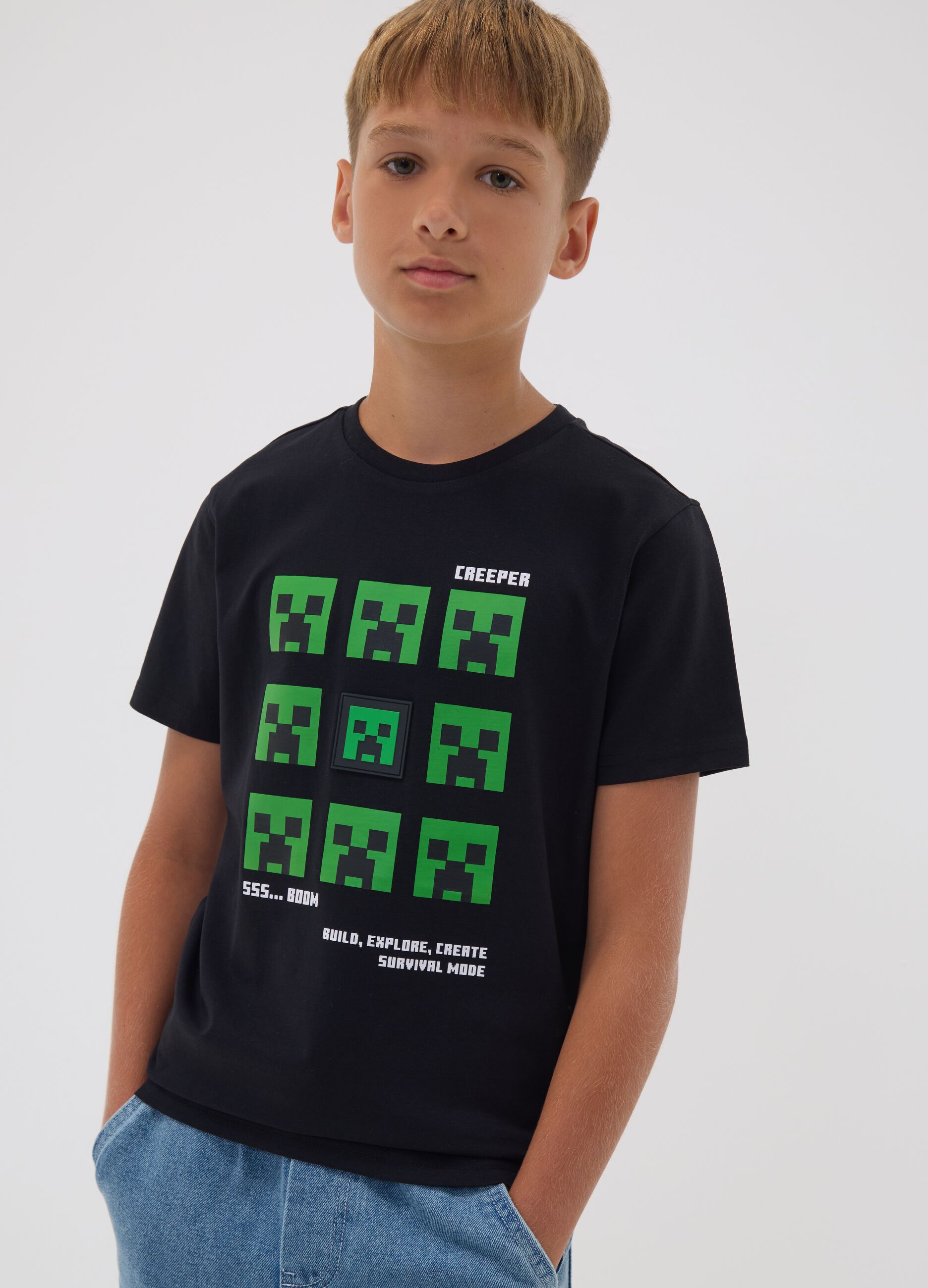 Schwarzes T-Shirt aus reiner Baumwolle mit Minecraft-Print f&uuml;r Jungen