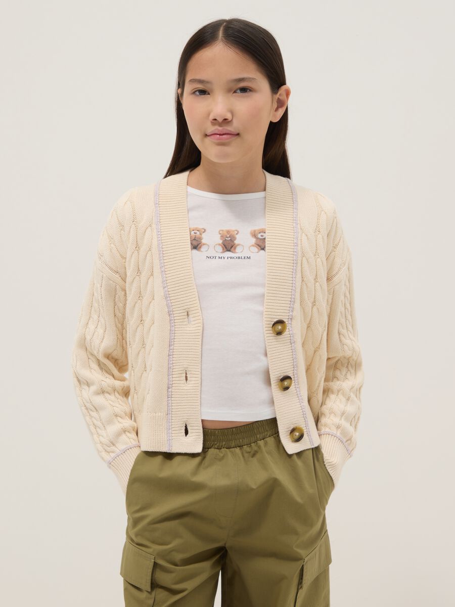 Beige cotton blend woven cardigan for girls with oversized fit_0