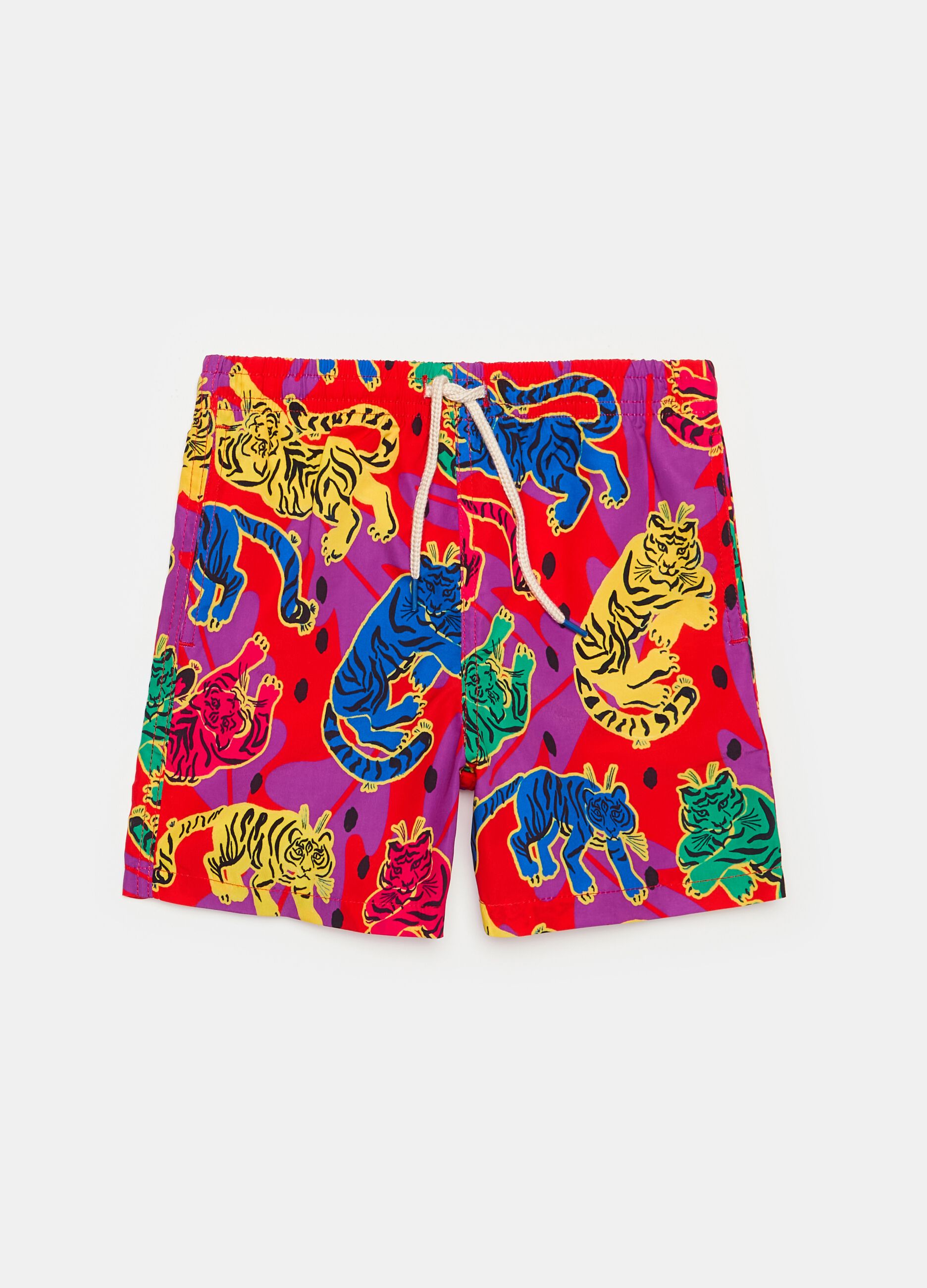 Swimming trunks with drawstring and tiger print