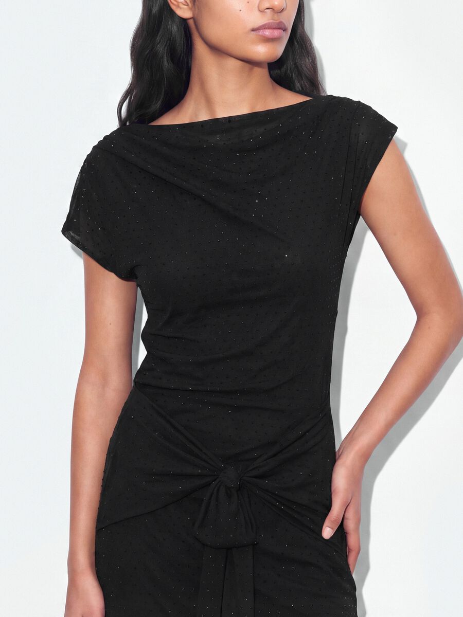 Black stretch-fabric dress with draping, regular fit_2