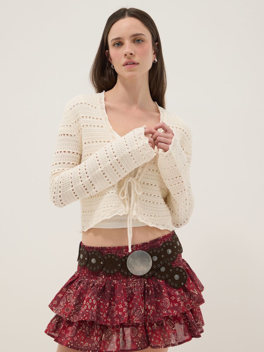 White pure cotton cardigan with regular fit and perforated design_0