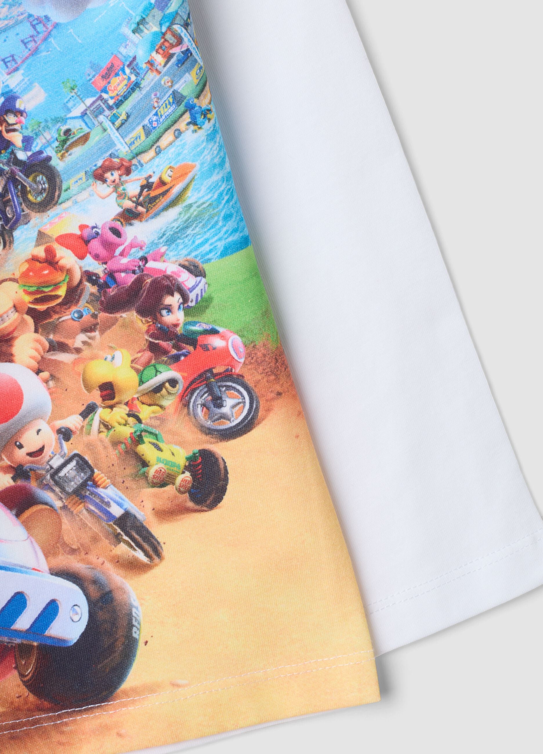 White pure cotton crew-neck T-shirt with Mario Kart print