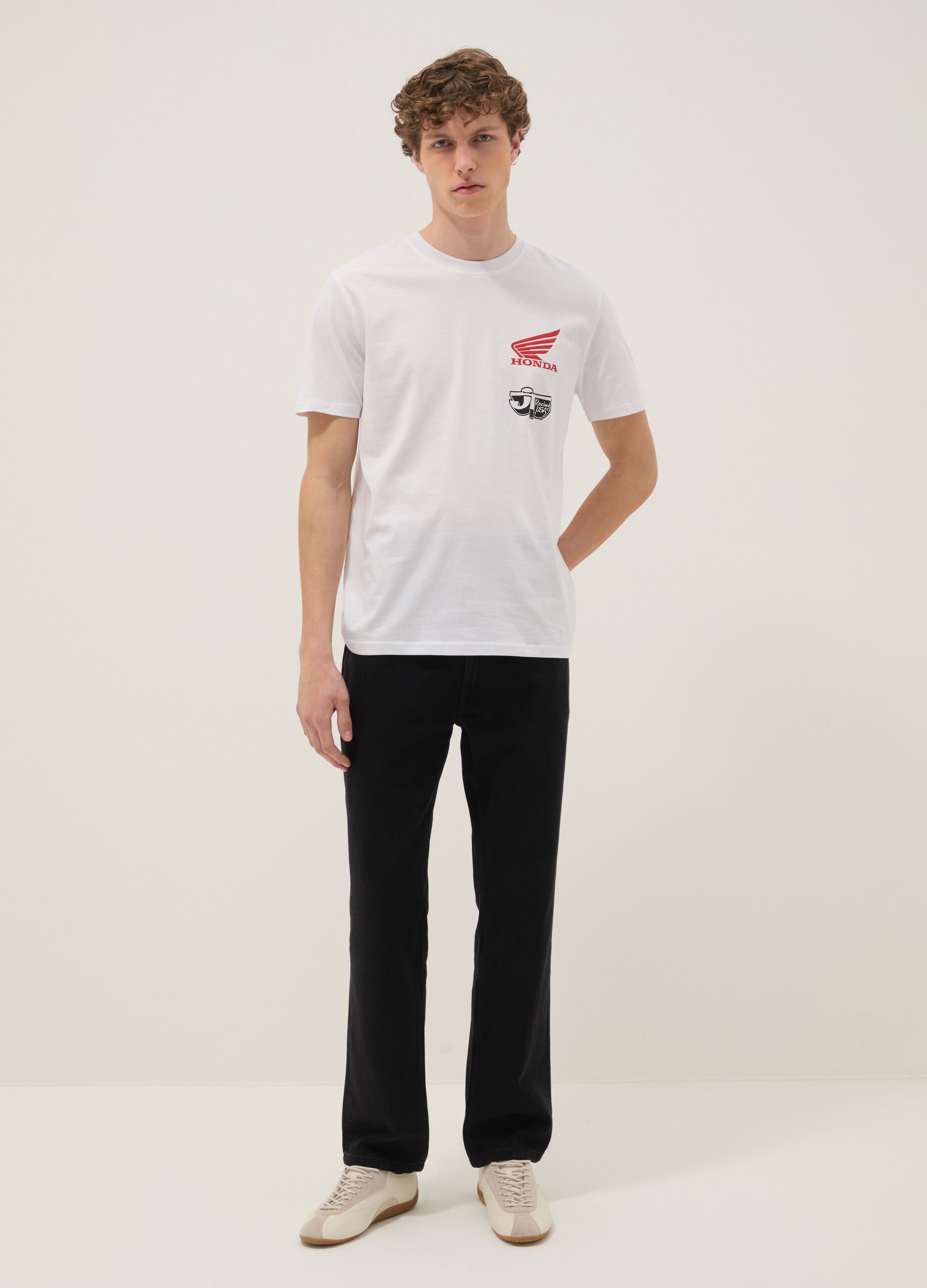 White pure cotton regular fit T-shirt with Honda print
