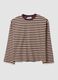 Brown striped pure cotton T-shirt with crew neck, relaxed fit_0