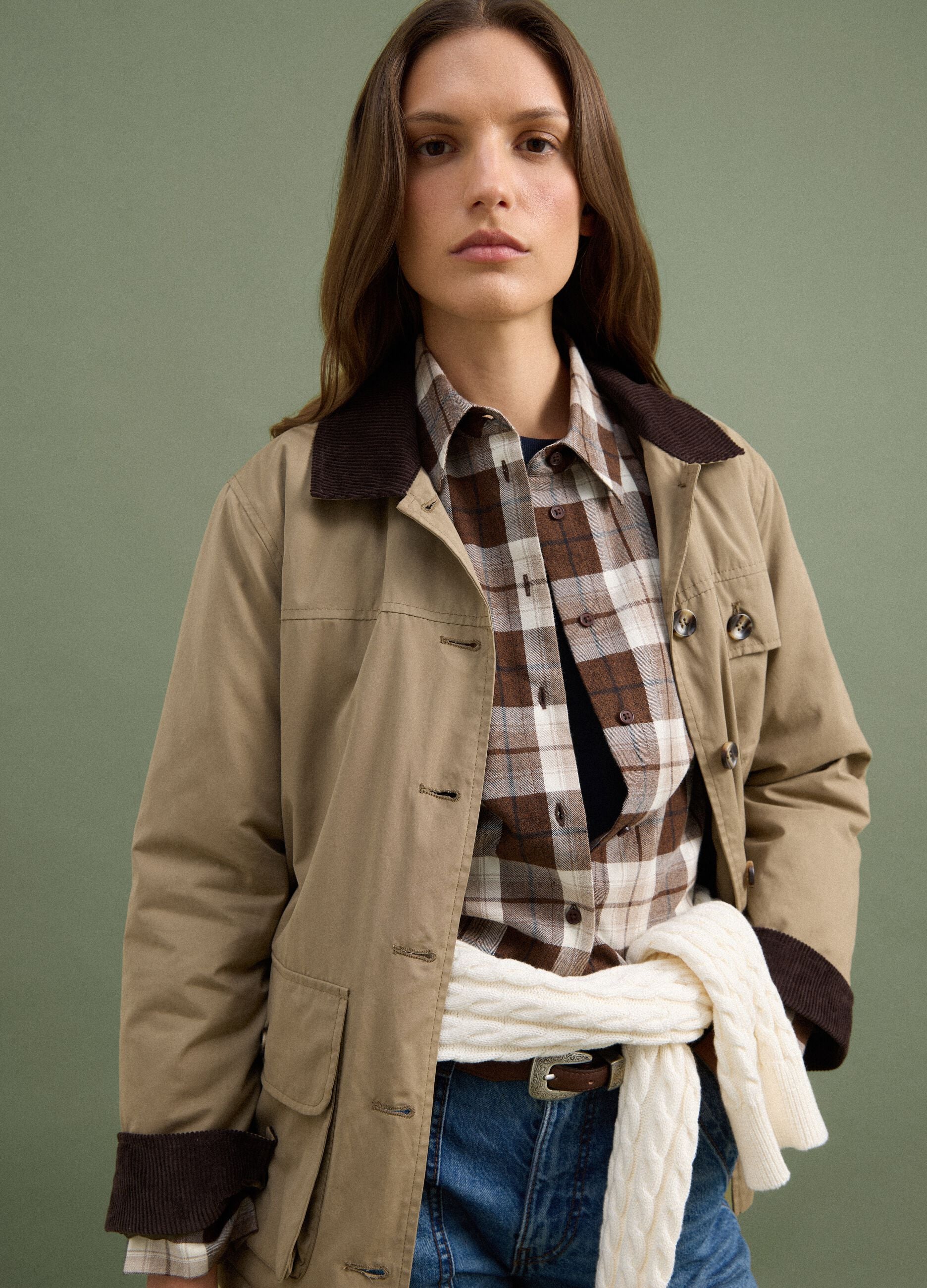 Beige regular-fit shacket with contrast collar