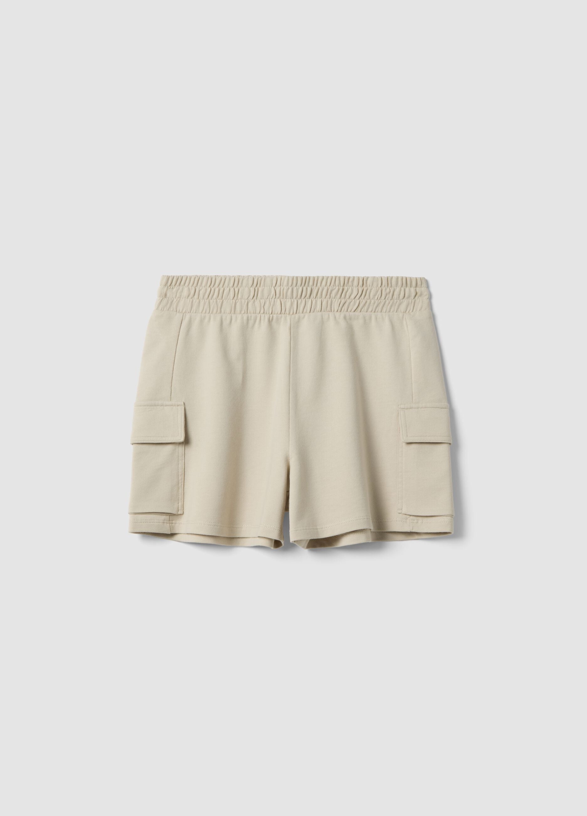Girls' beige cotton-blend cargo shorts with relaxed fit