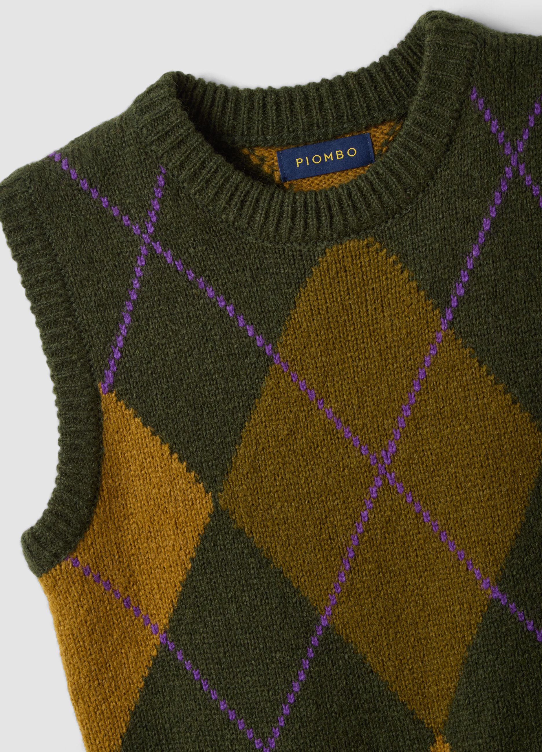 Green jacquard wool-blend crew-neck gilet, regular fit