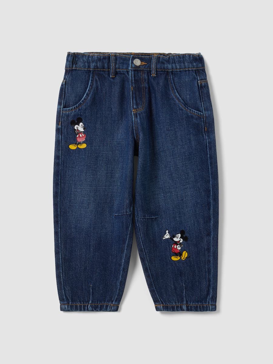 Blue cotton-viscose blend jeans with Mickey print, baggy fit for baby boy_0