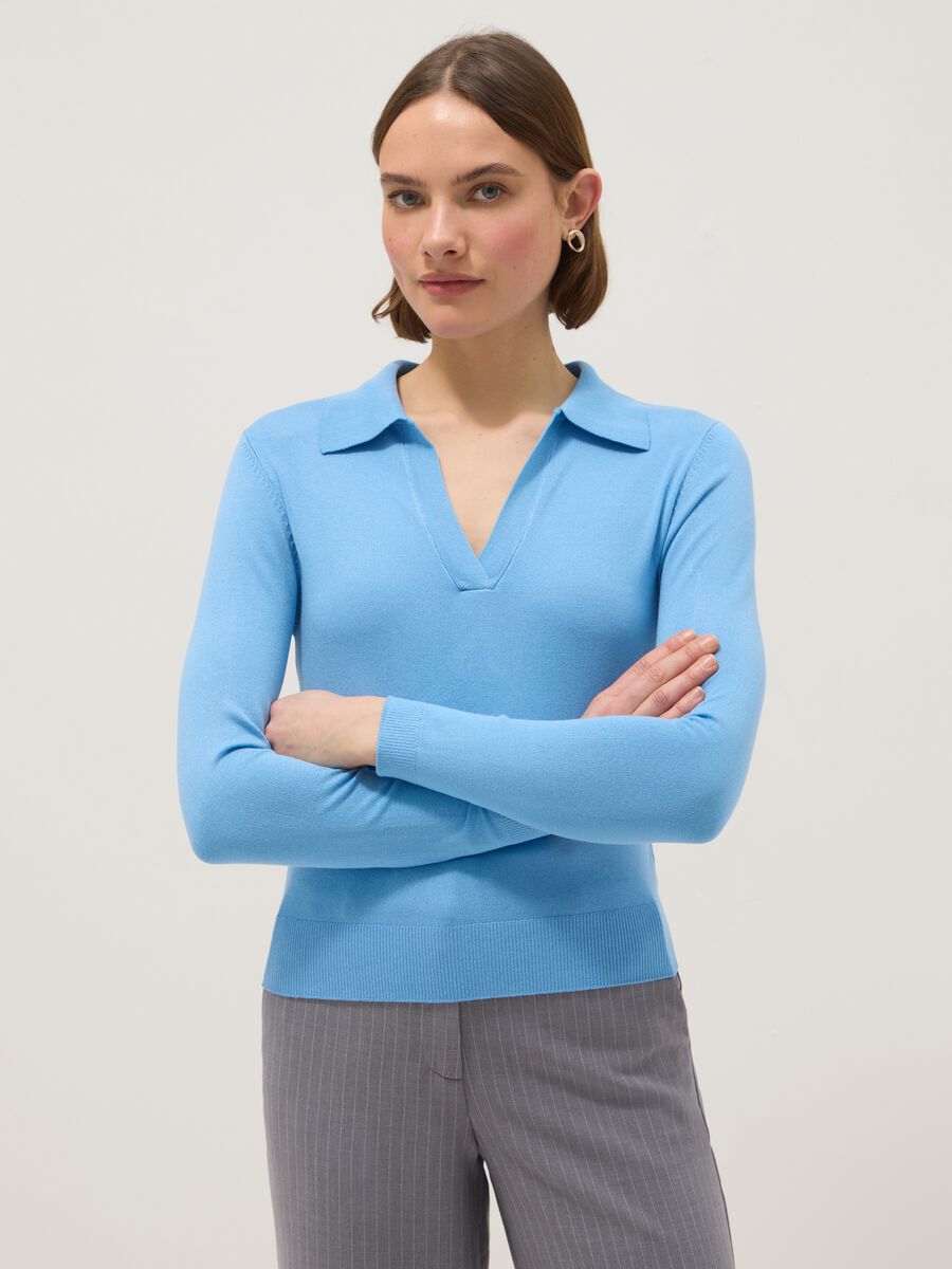 Regular fit blue viscose jumper with polo neck_0