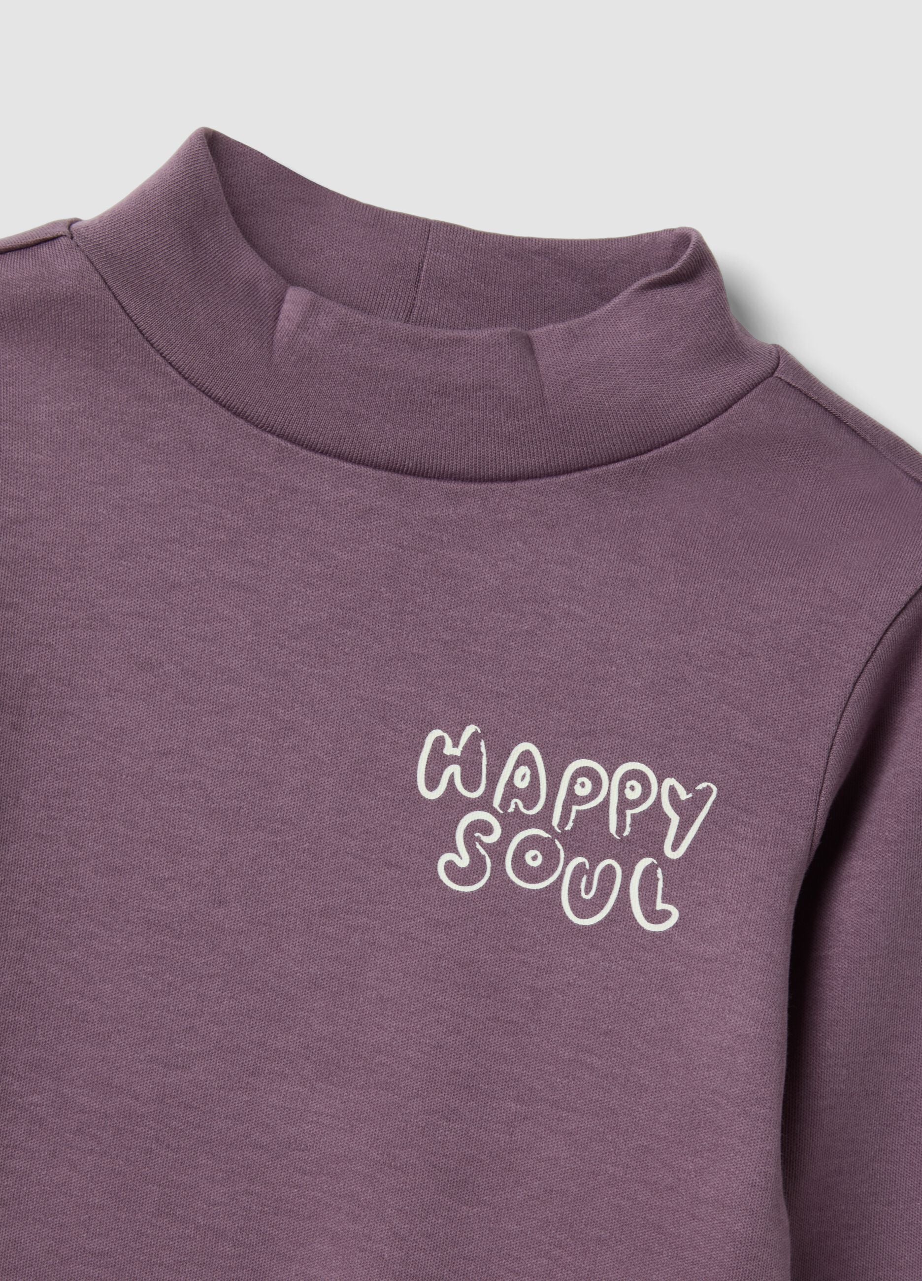 T-shirt roxa em algod&atilde;o org&acirc;nico puro com gola subida e estampado de animais