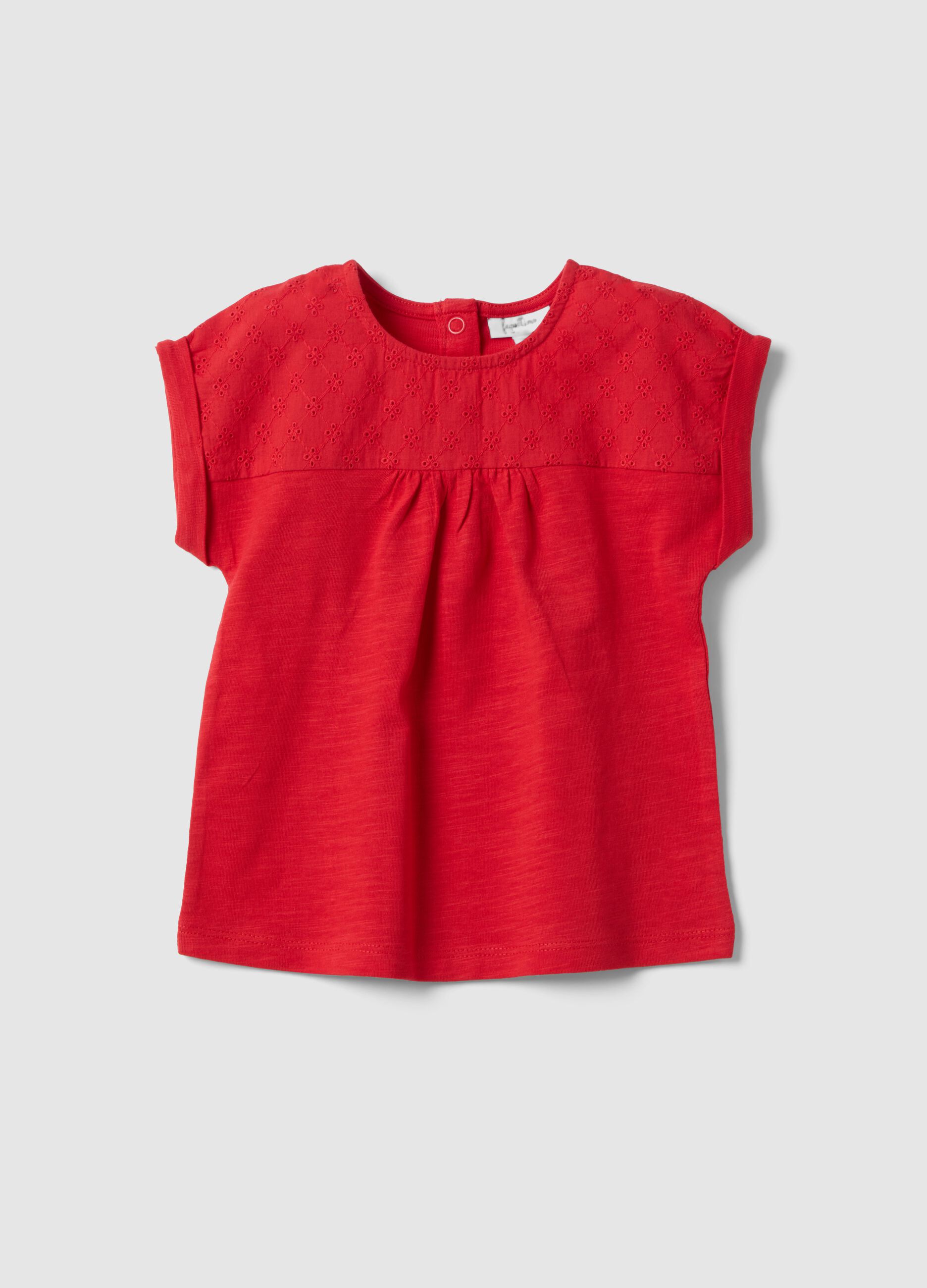 T-shirt in puro cotone rossa da bimba regular fit con ricami