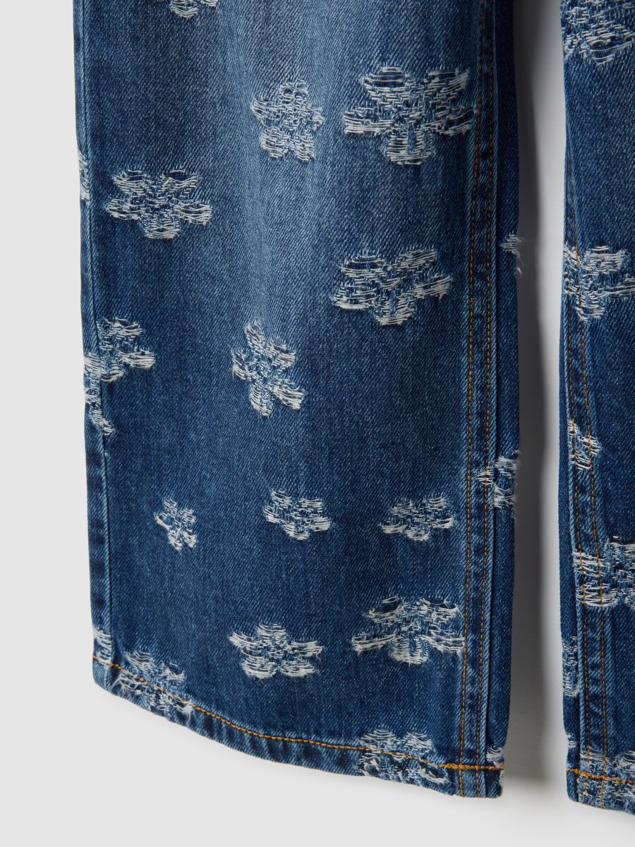 Girls' blue pure cotton jeans regular fit with flowers_3