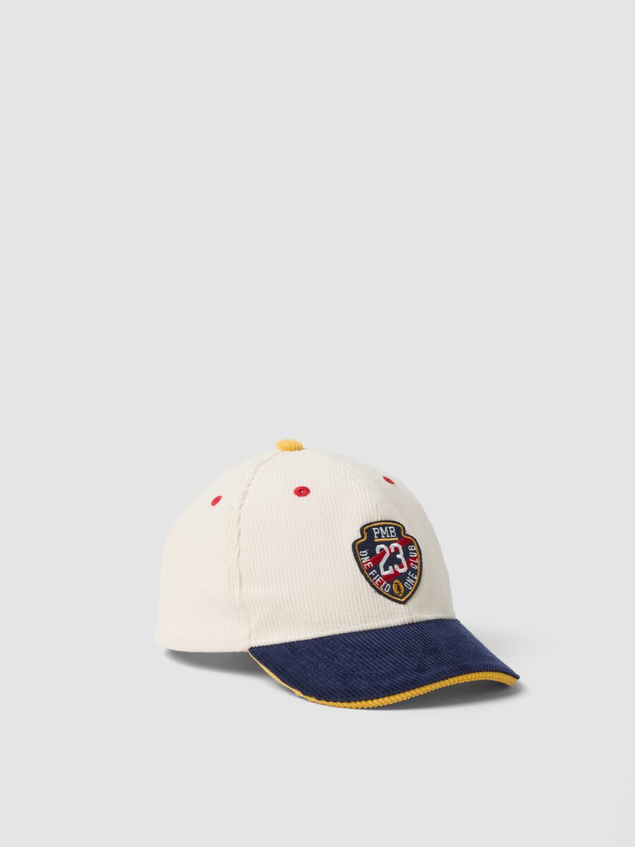 Beige pure cotton cap with blue peak and patch_0