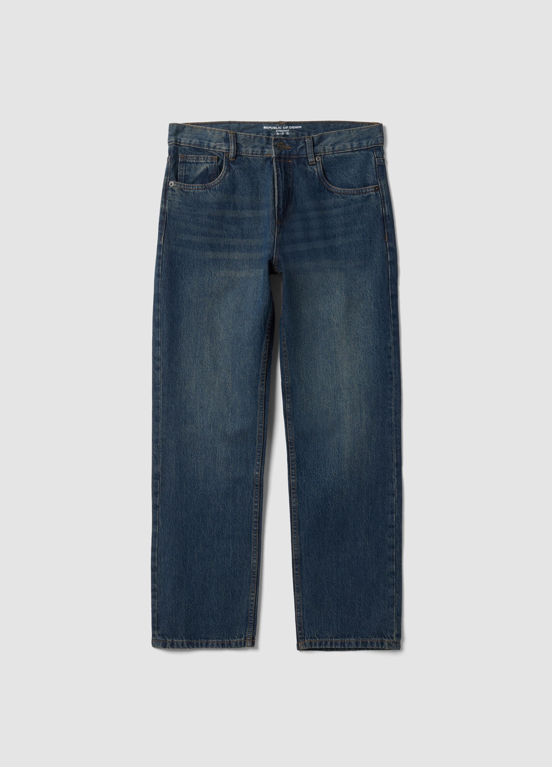 Jeans de ganga azul 100% algod&atilde;o, corte straight