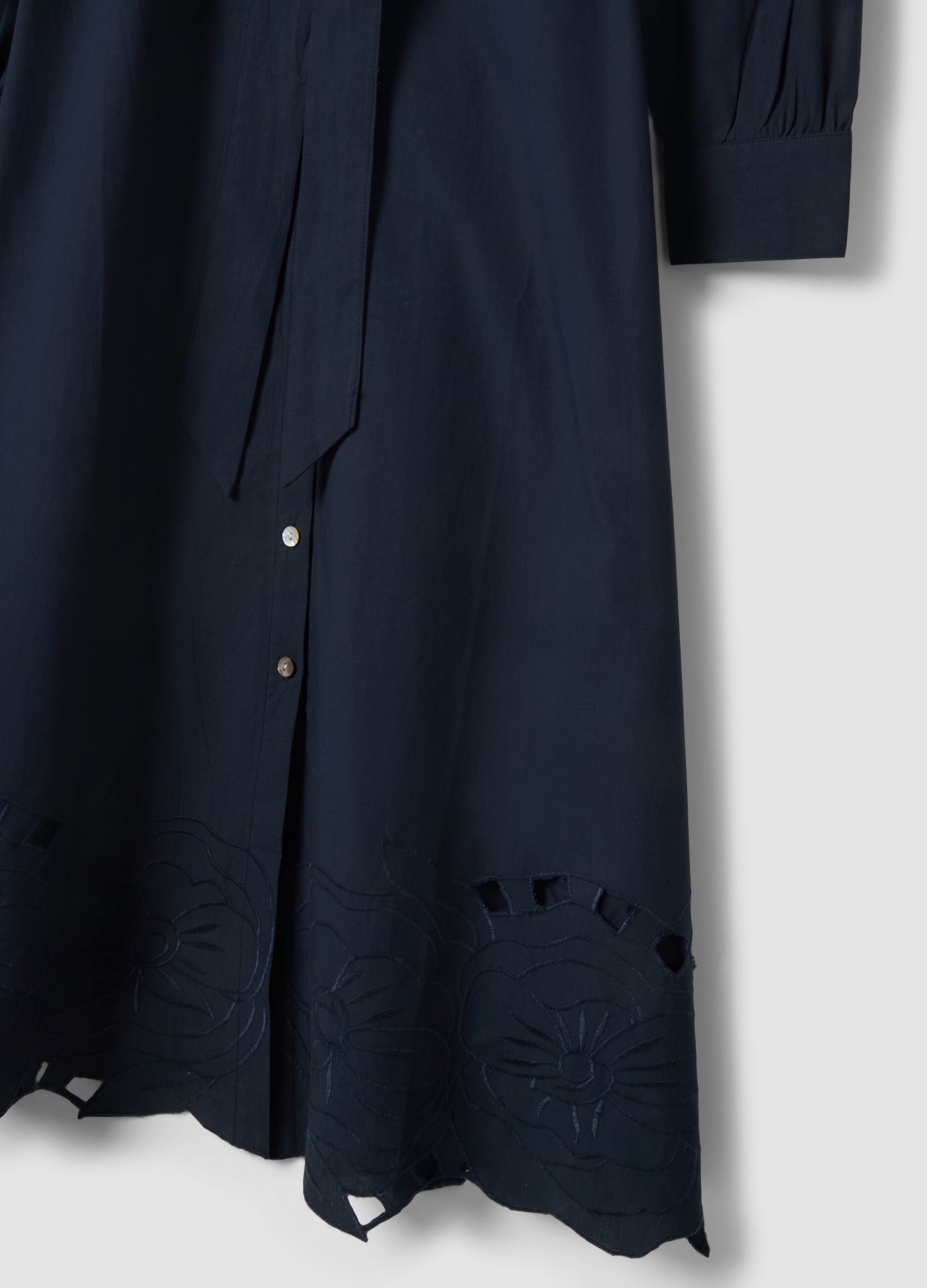 Long blue dress in pure cotton with regular fit and embroidery