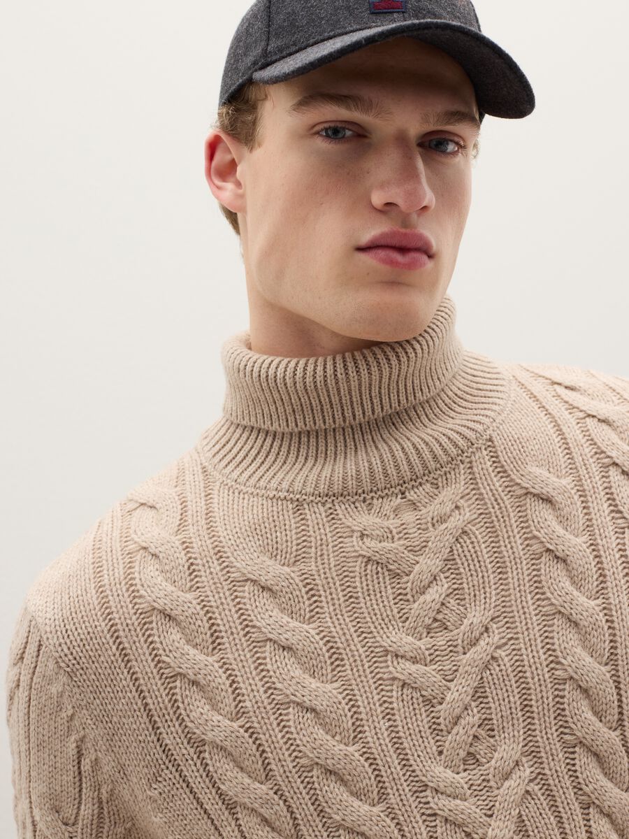 Beige Regular Fit Turtleneck Sweater with Cable Design_4