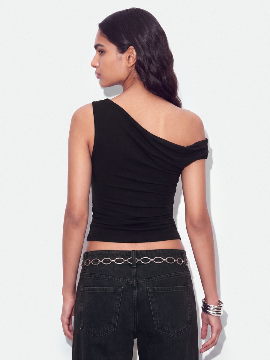 Schwarzes asymmetrisches One-Shoulder-Top aus elastischer Viskose, Slim Fit_3