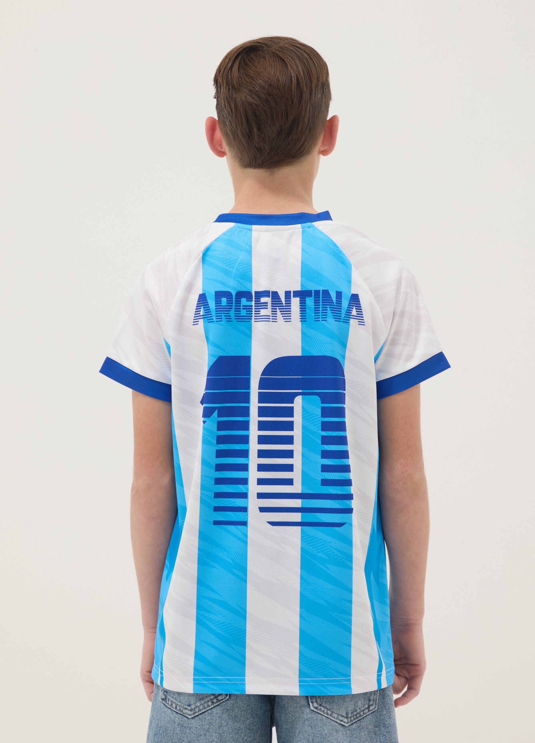 Kids&rsquo; Argentina striped T-shirt in white and sky blue, oversized fit