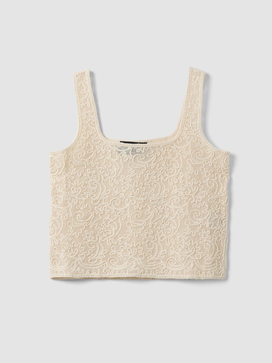 Beige cotton-blend regular-fit tank top with embroidery and mesh_0