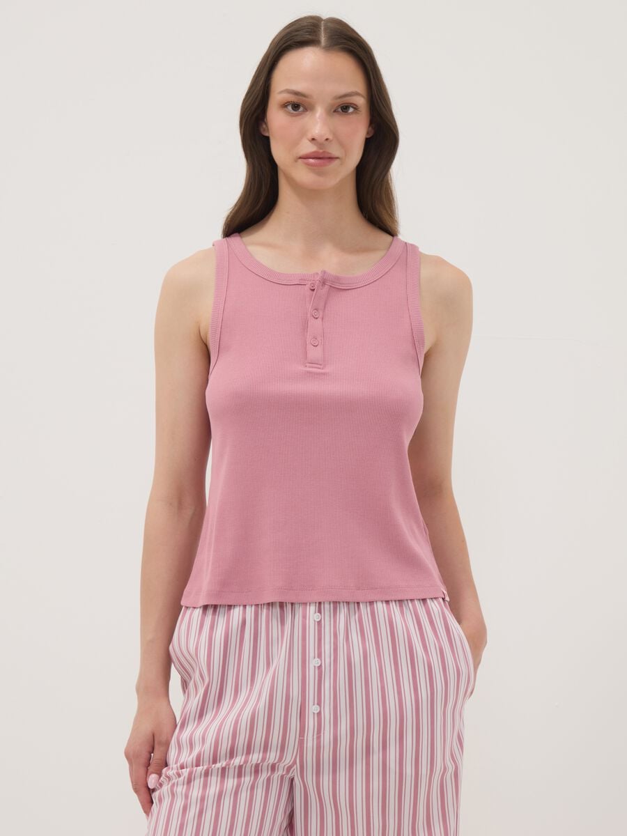 Pink ribbed cotton and viscose blend henley vest_0
