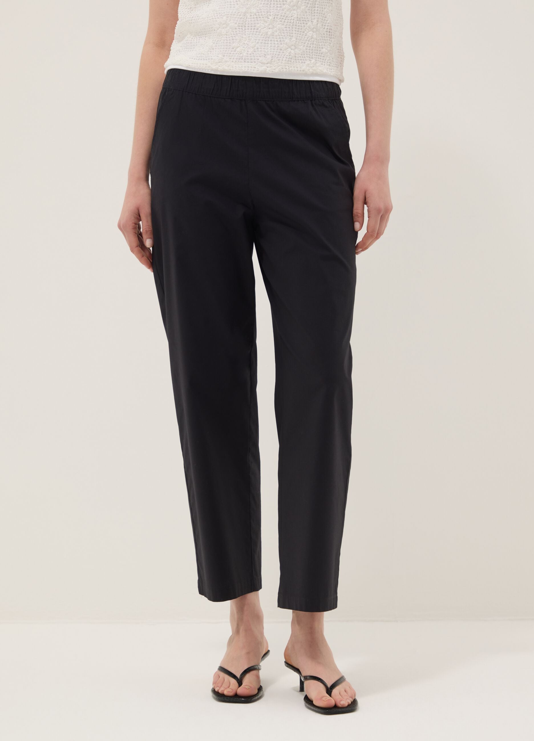 Blue stretch cotton trousers with elasticated waistband