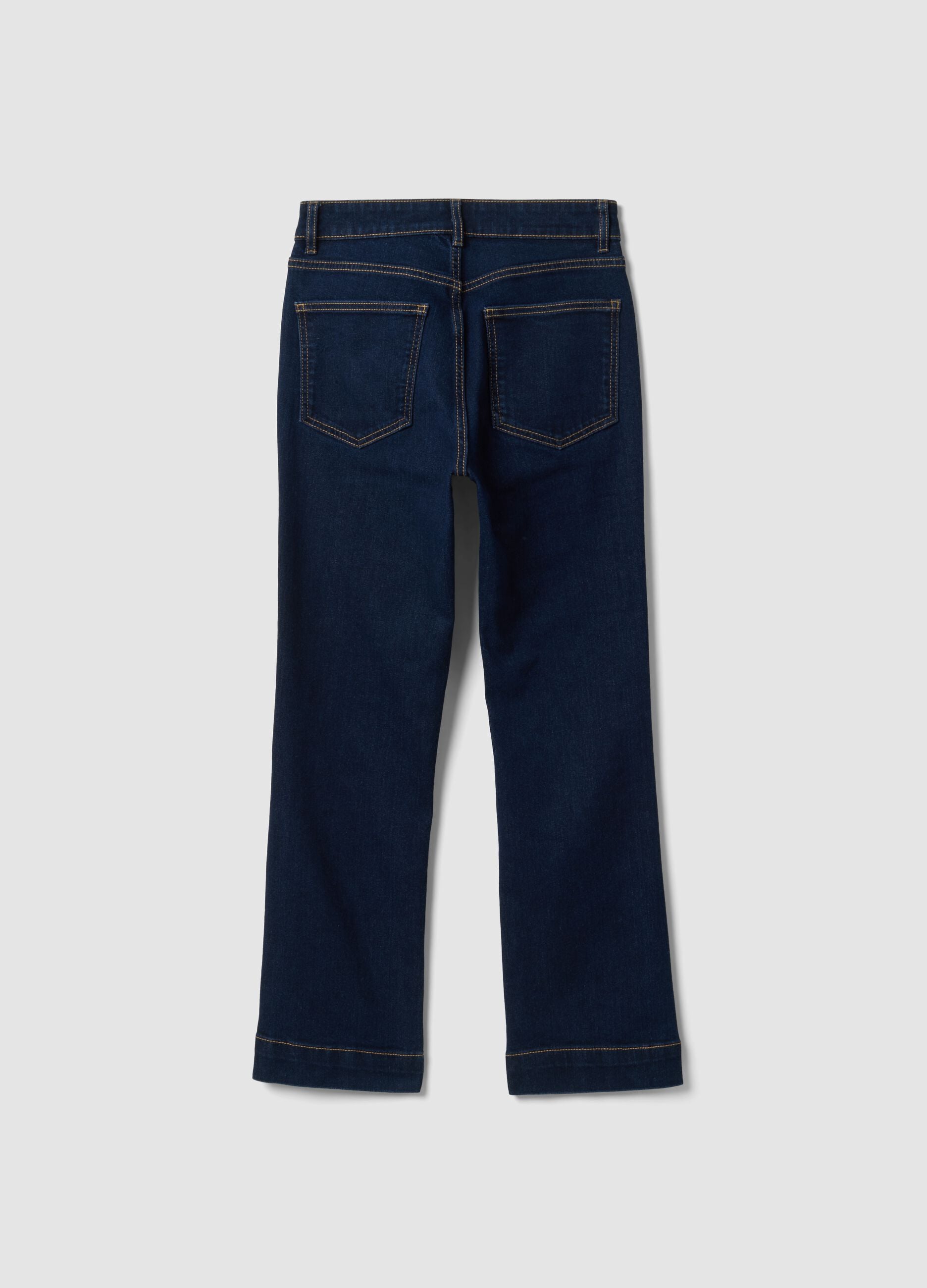Jeans de ganga azuis cropped slim fit em algod&atilde;o e viscose el&aacute;sticos