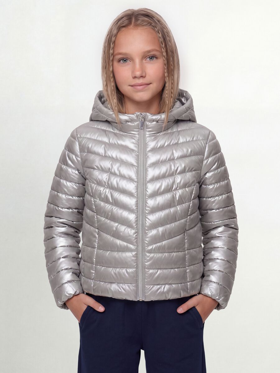 Grey ultralight padded jacket with hood and zip for girls_0