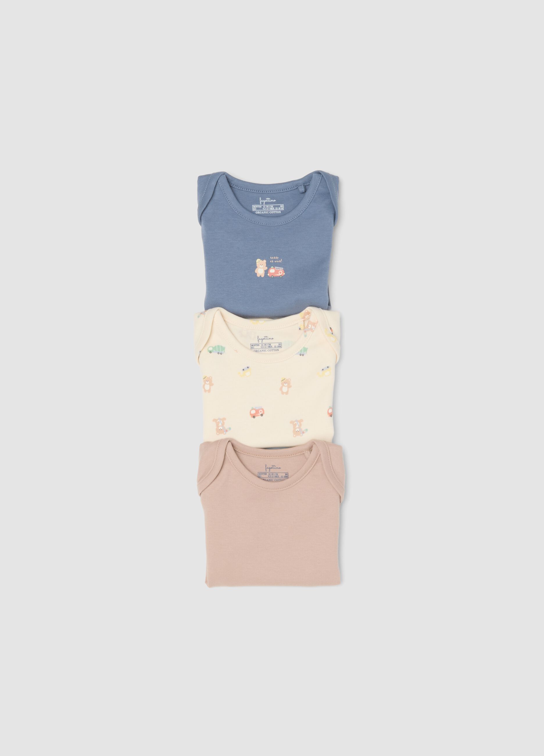 Pack de 3 bodies multicolor em algod&atilde;o org&acirc;nico de manga curta para beb&eacute;