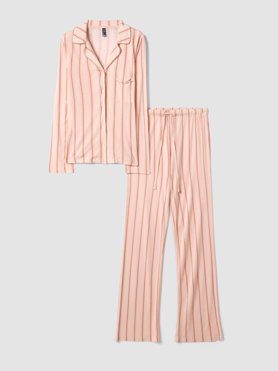 Rosa Pyjama aus reiner Viskose, gestreift, Regular Fit mit V-Ausschnitt_4