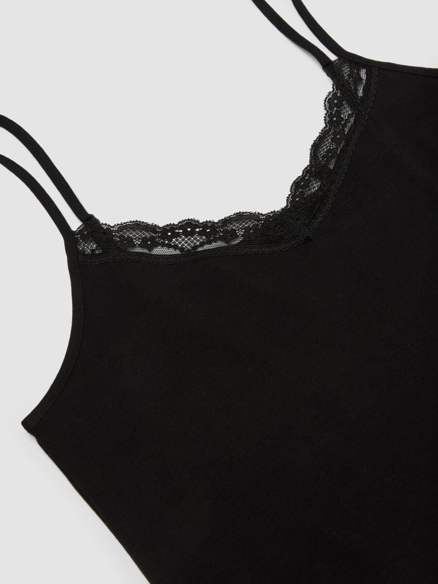 Black stretch viscose vest top with deep V-neck lace trim_2