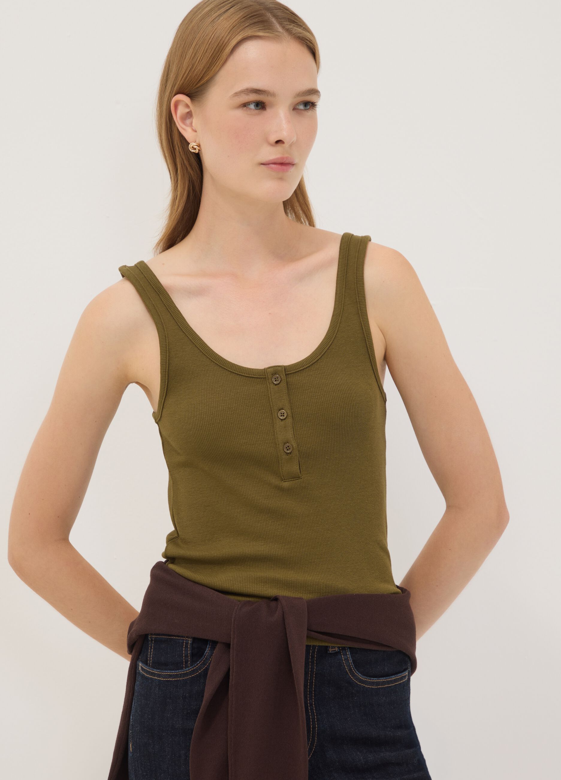 Green stretch cotton tank top with buttons, regular fit