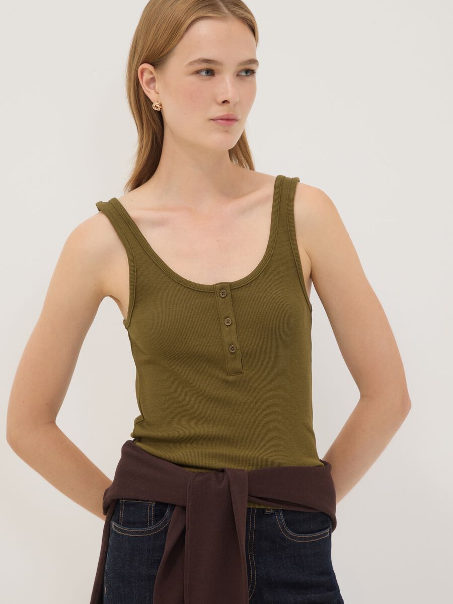 Green stretch cotton tank top with buttons, regular fit_0