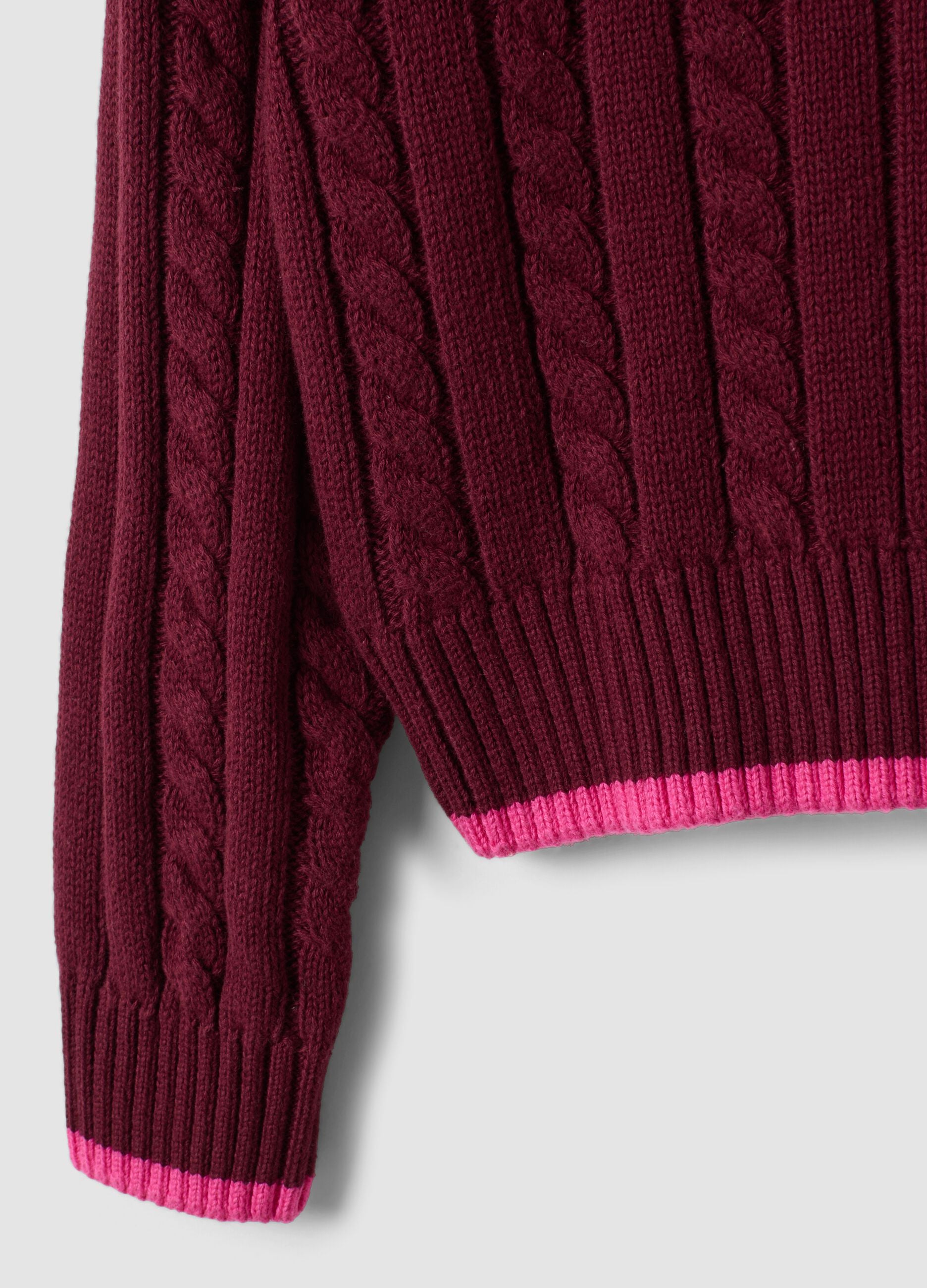 Roter V-Ausschnitt-Pullover aus reiner Baumwolle mit Zopfmuster f&uuml;r M&auml;dchen