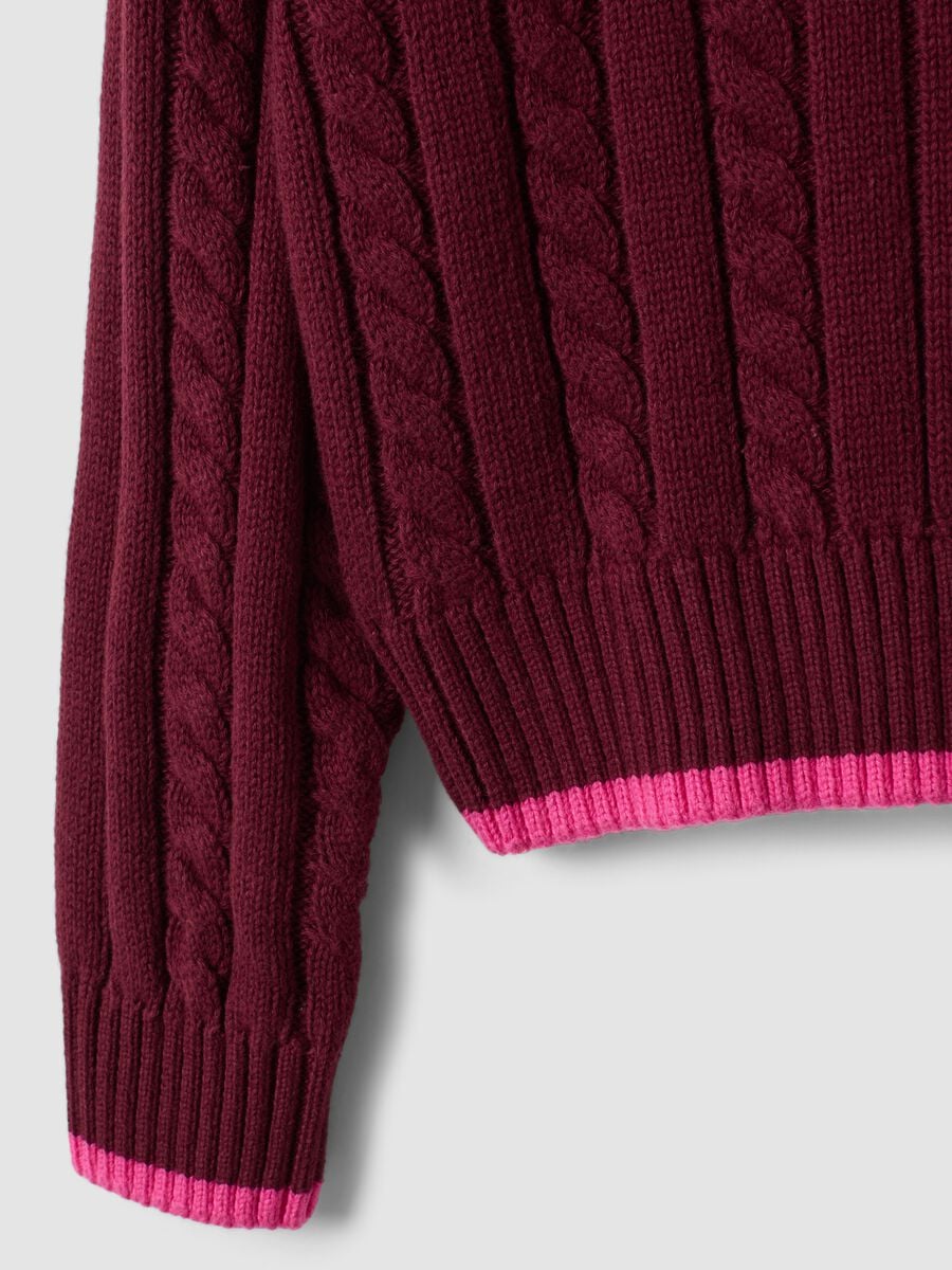 Roter V-Ausschnitt-Pullover aus reiner Baumwolle mit Zopfmuster f&uuml;r M&auml;dchen_3