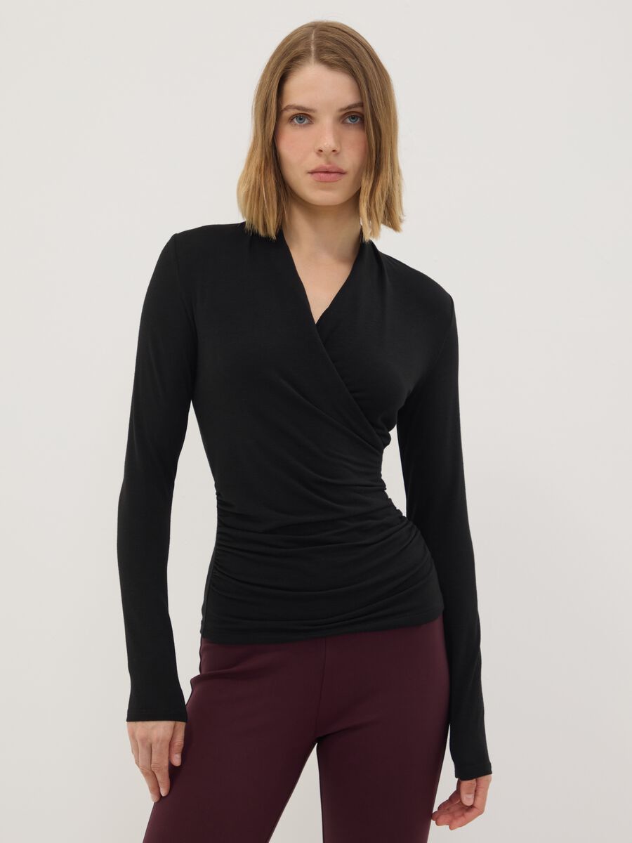 Black viscose, silk and stretch wool crew-neck T-shirt, regular fit_2