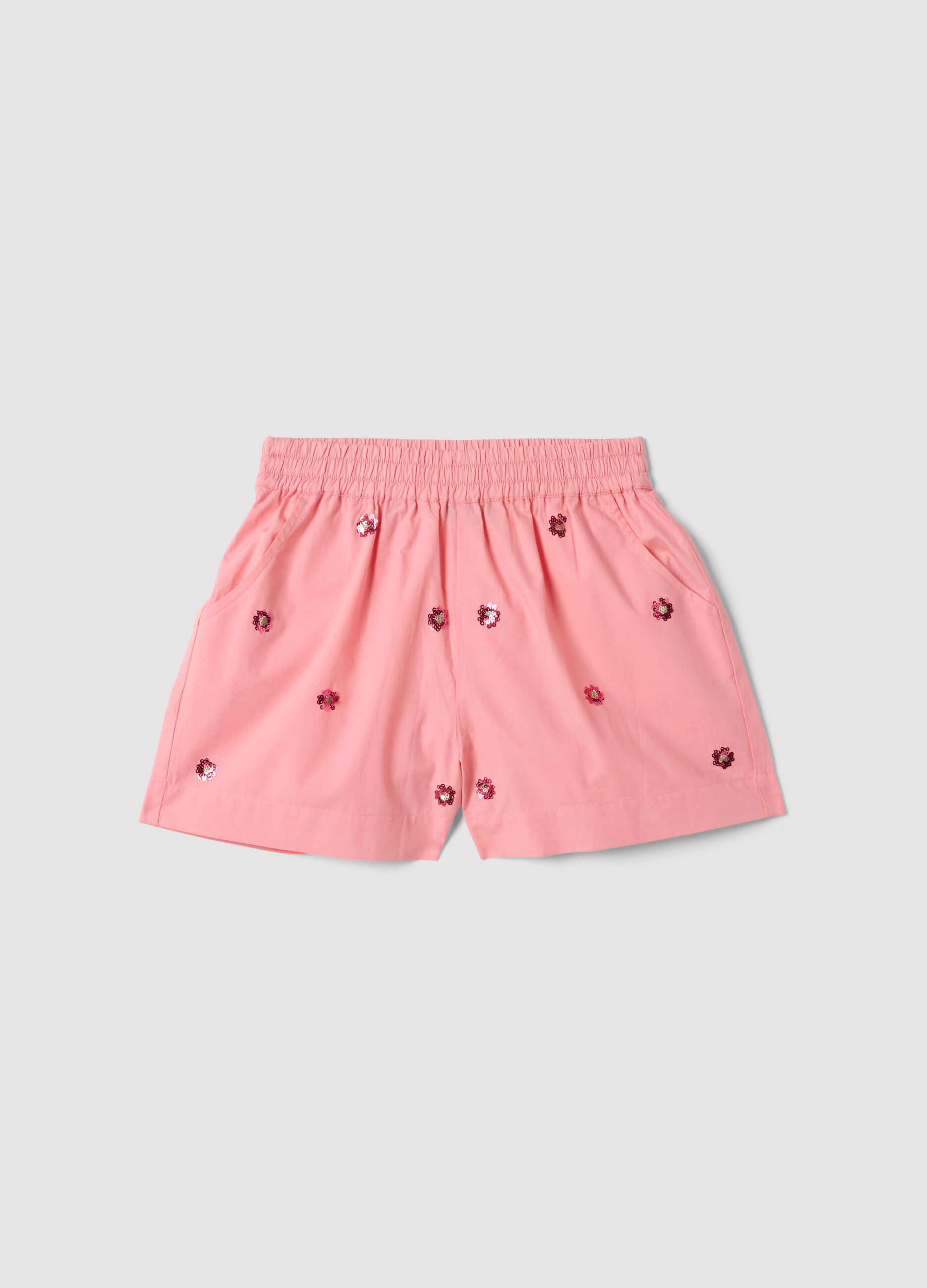 Pink pure cotton shorts with floral sequins