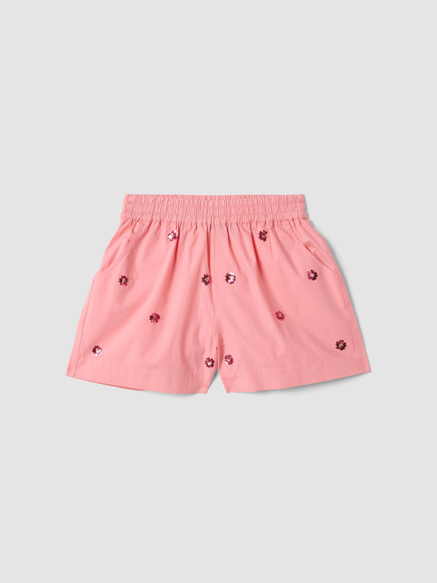 Pink pure cotton shorts with floral sequins_0
