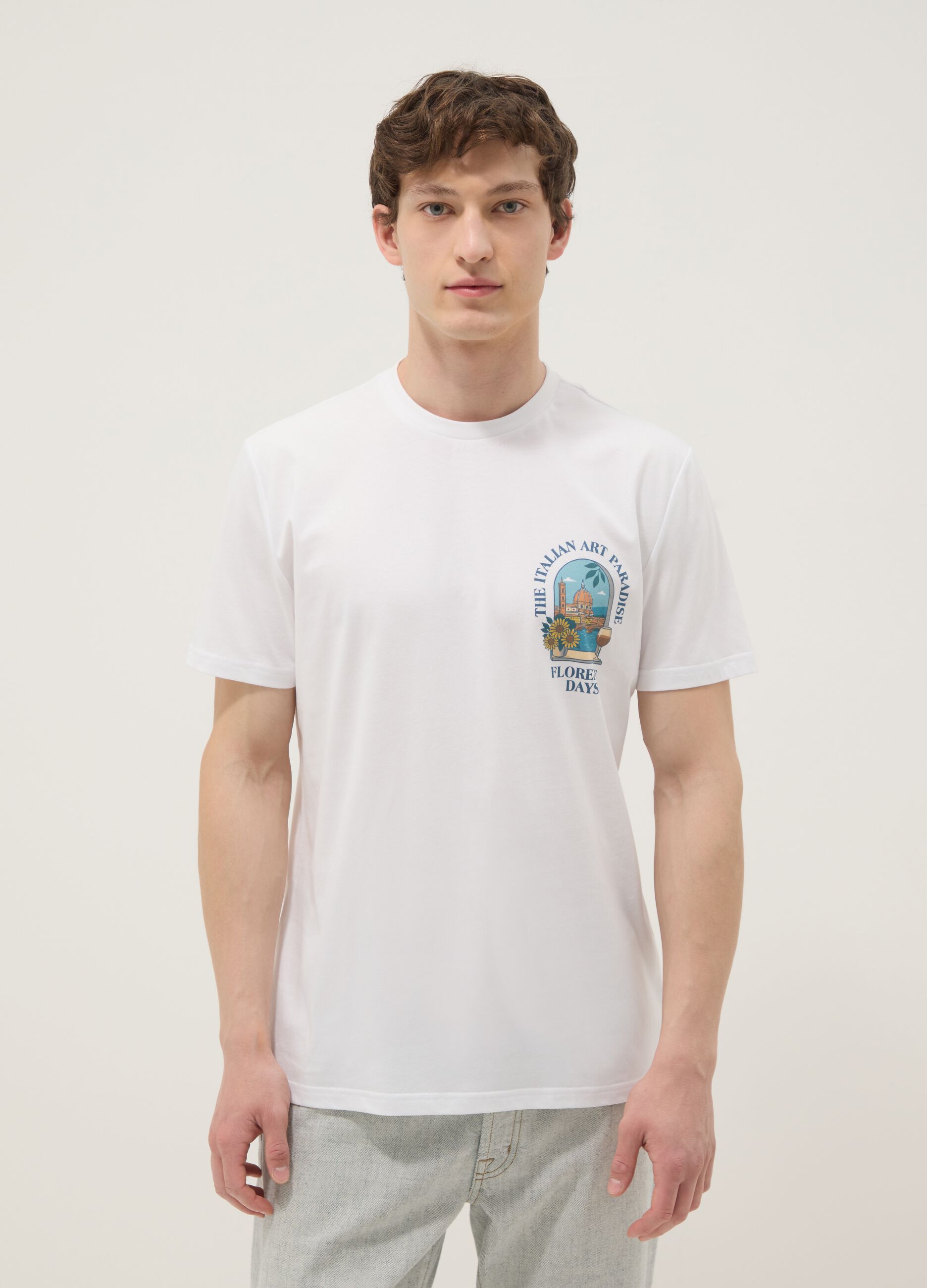 Wei&szlig;es T-Shirt aus reiner Baumwolle mit Print, Regular Fit