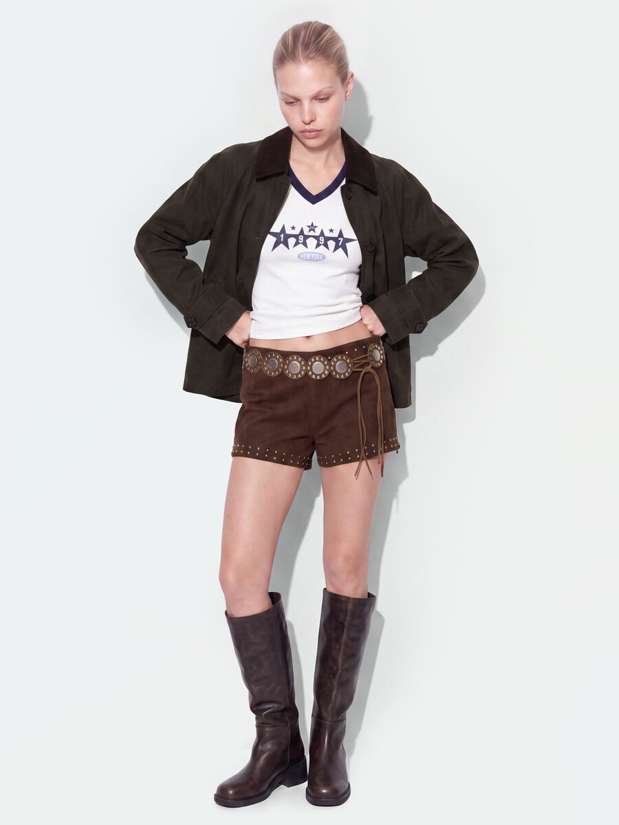 Brown stretch mini shorts with studs_0