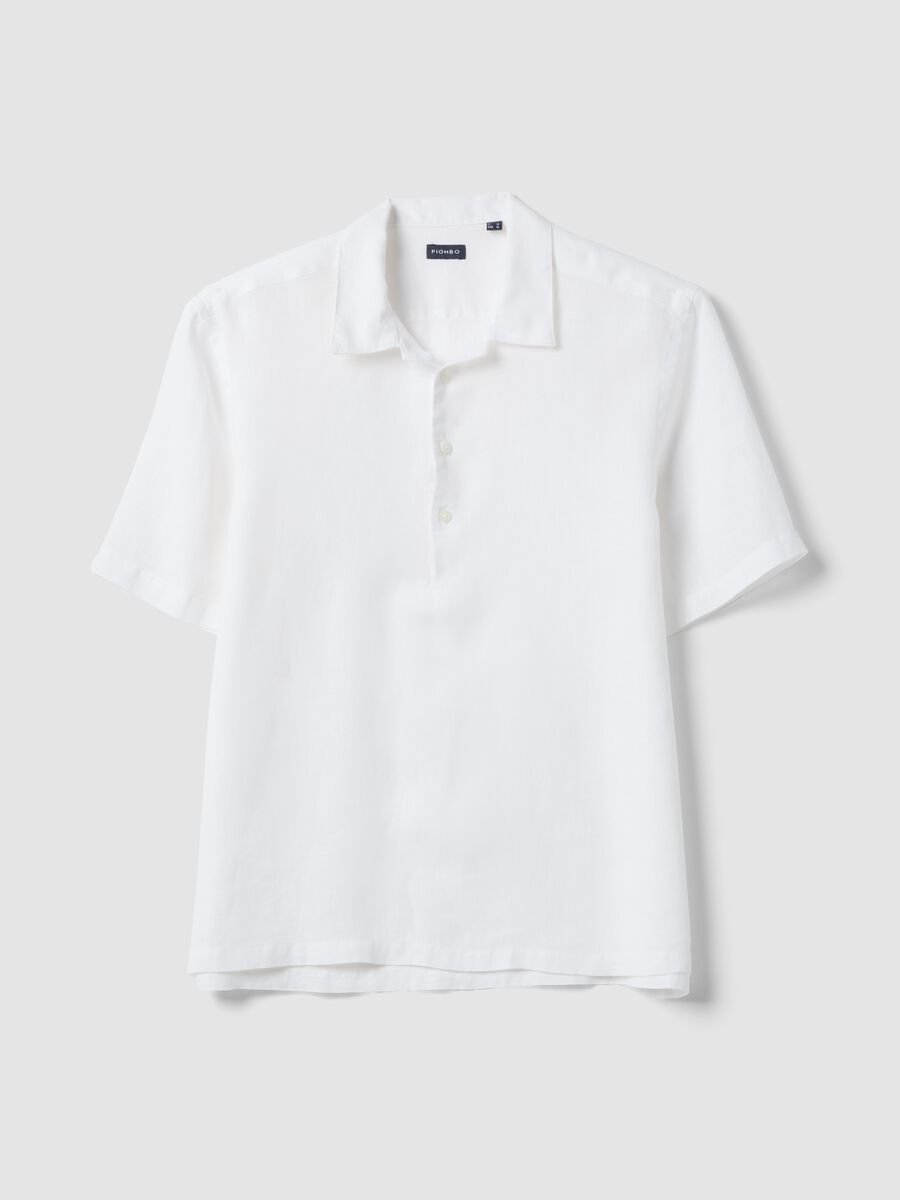White pure linen regular fit shirt with bowling collar_0