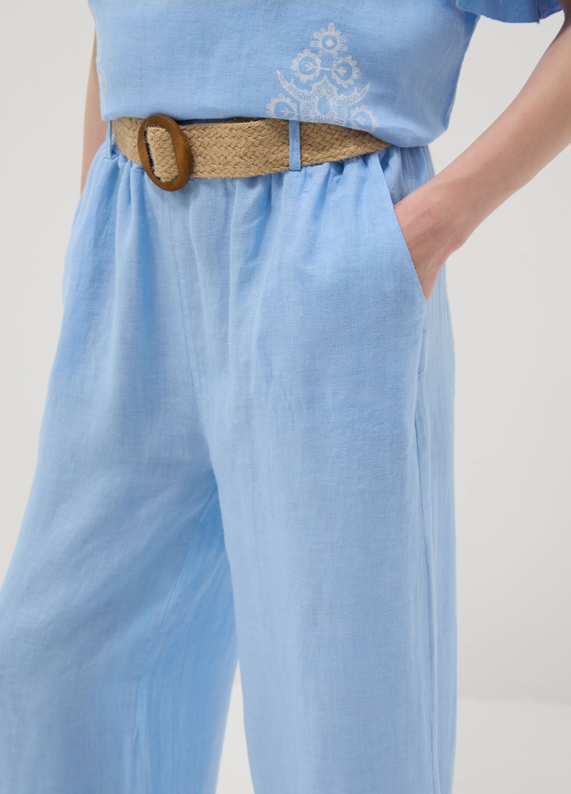 Hellblaue Wide-Leg-Hose aus reinem Leinen mit elastischem Bund