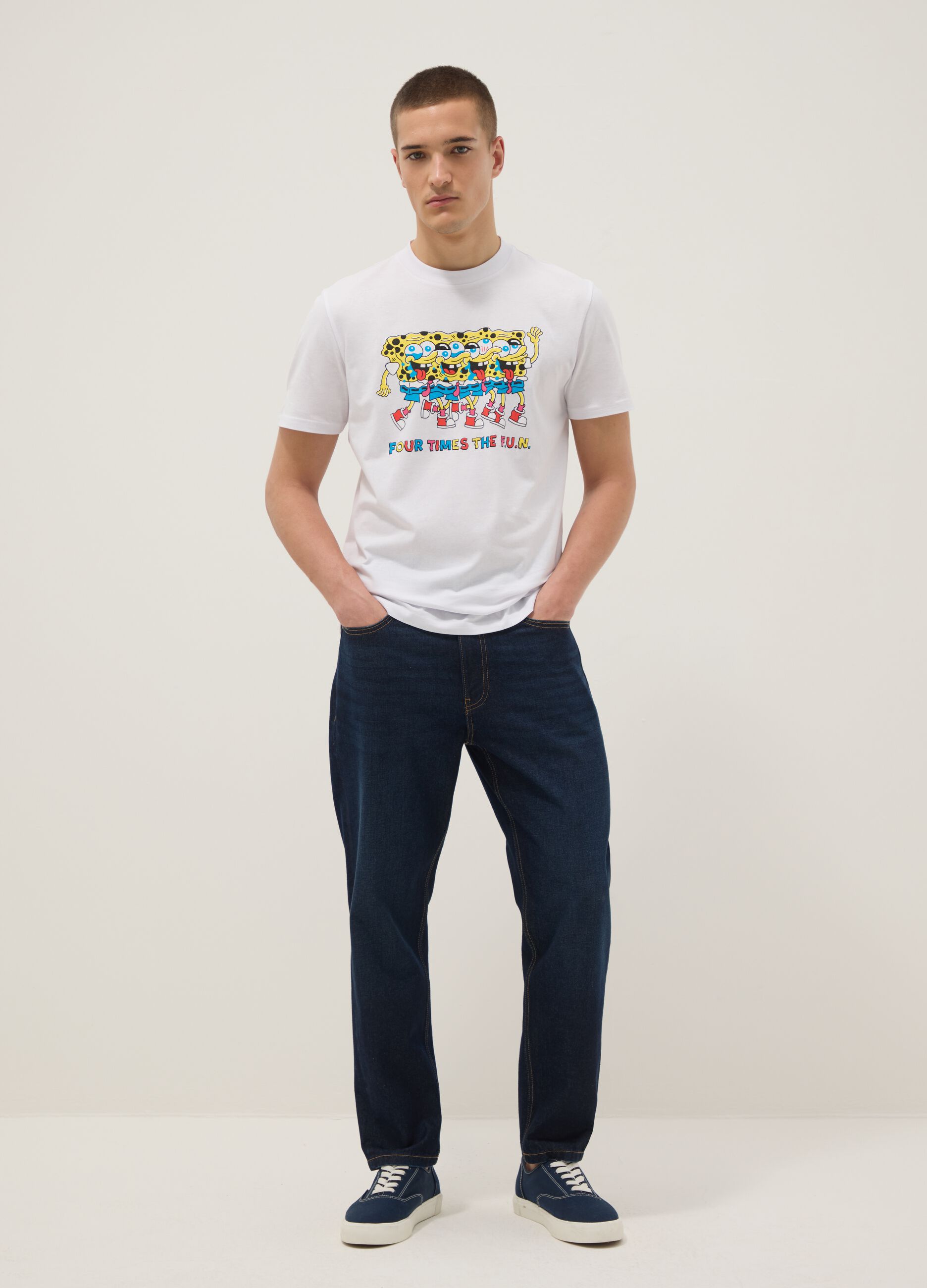 White pure cotton regular fit T-shirt with SpongeBob print