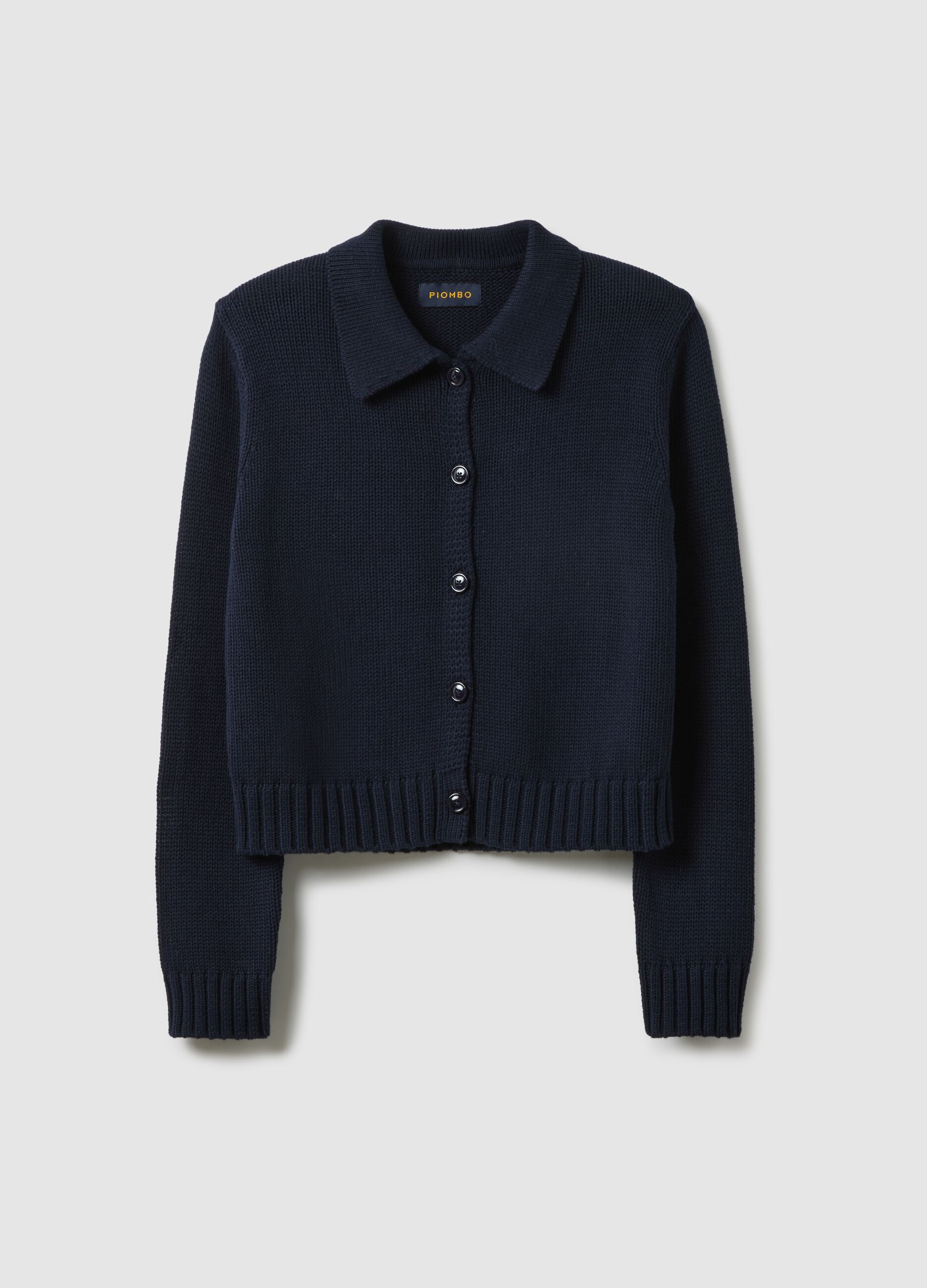 Blue cotton cardigan with polo collar, regular fit