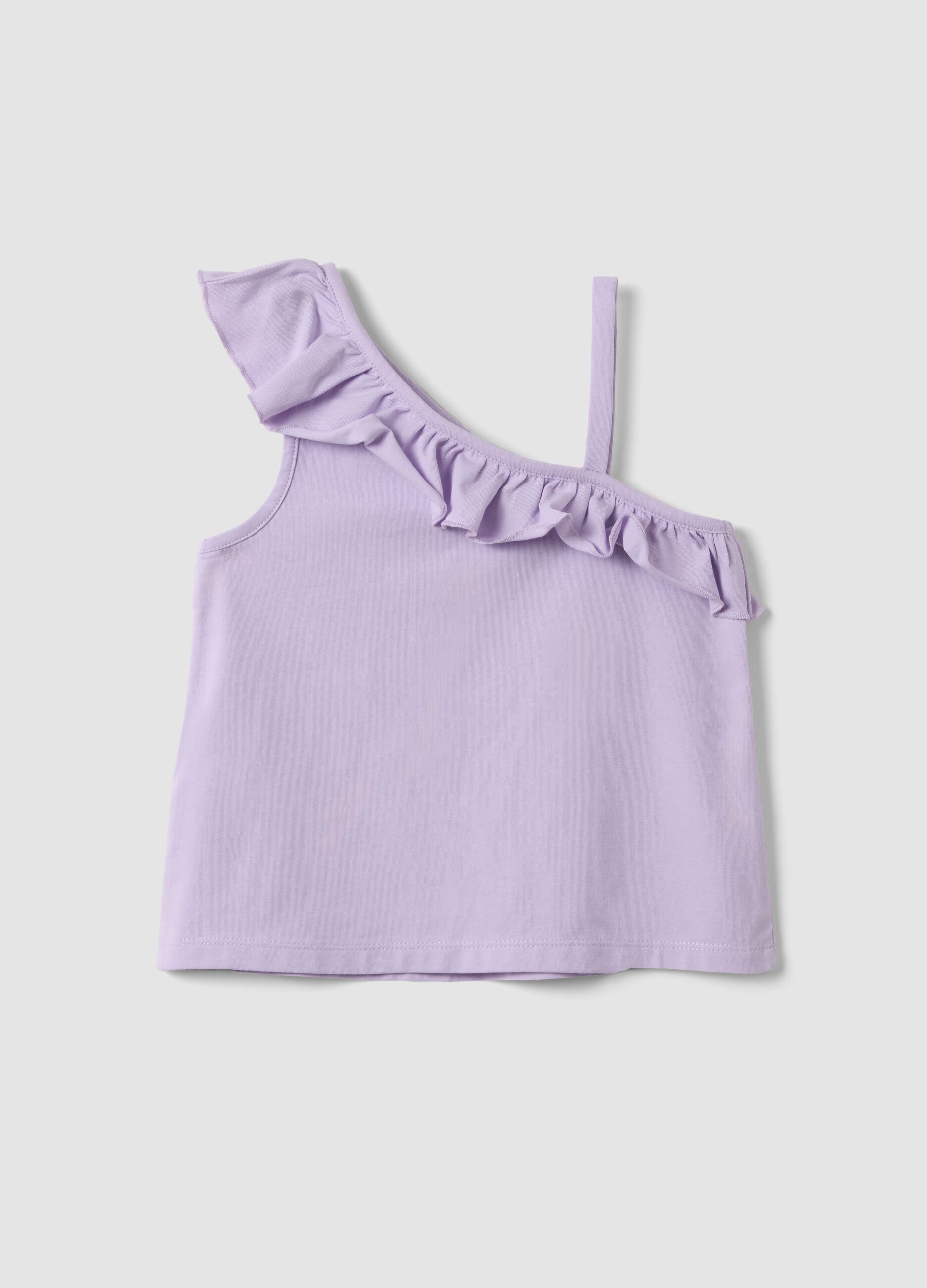 Purple stretch cotton girls&rsquo; tank top with frills and Stitch print