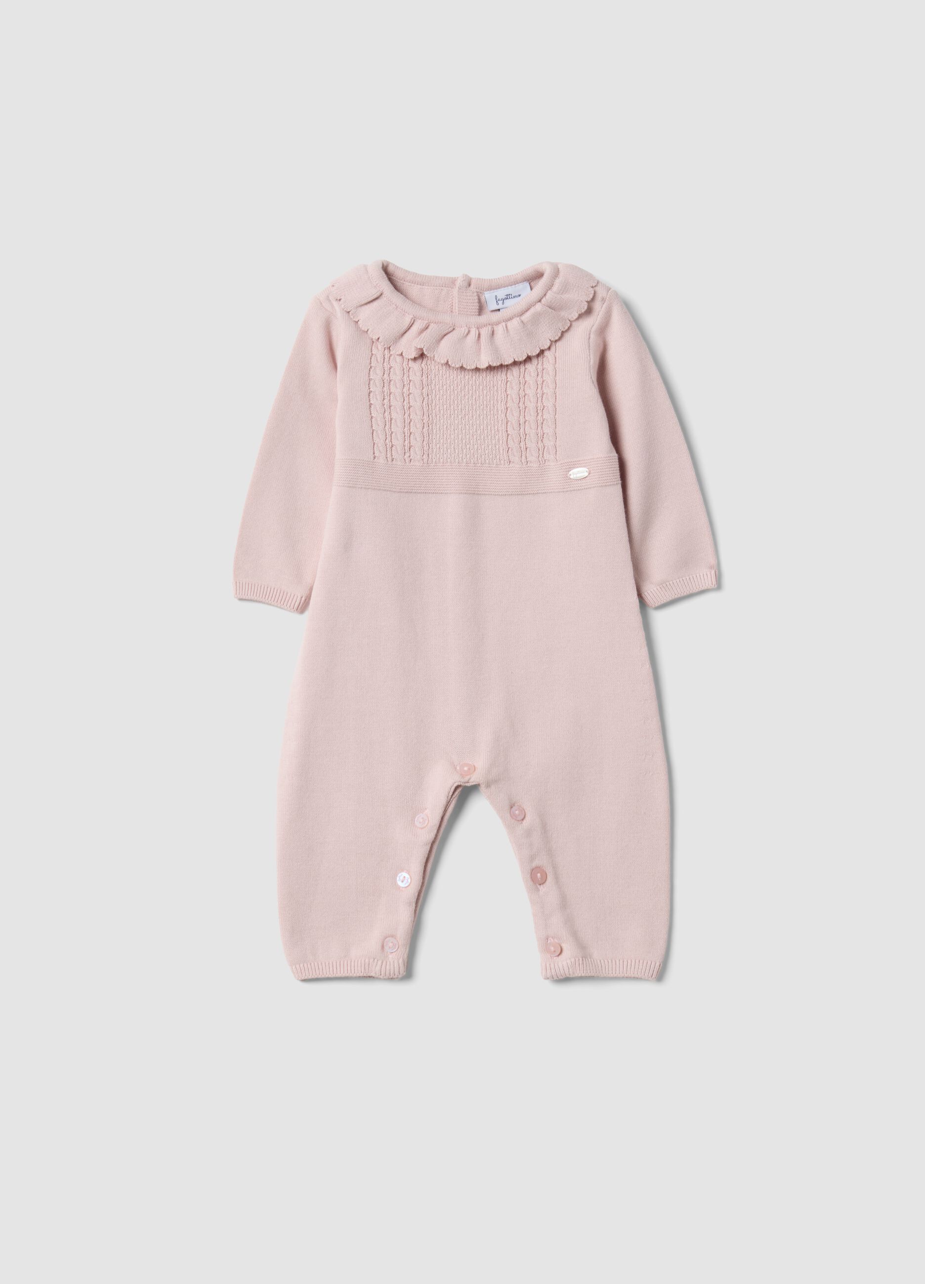 Pink pure organic cotton baby girl sleepsuit with ruffle collar