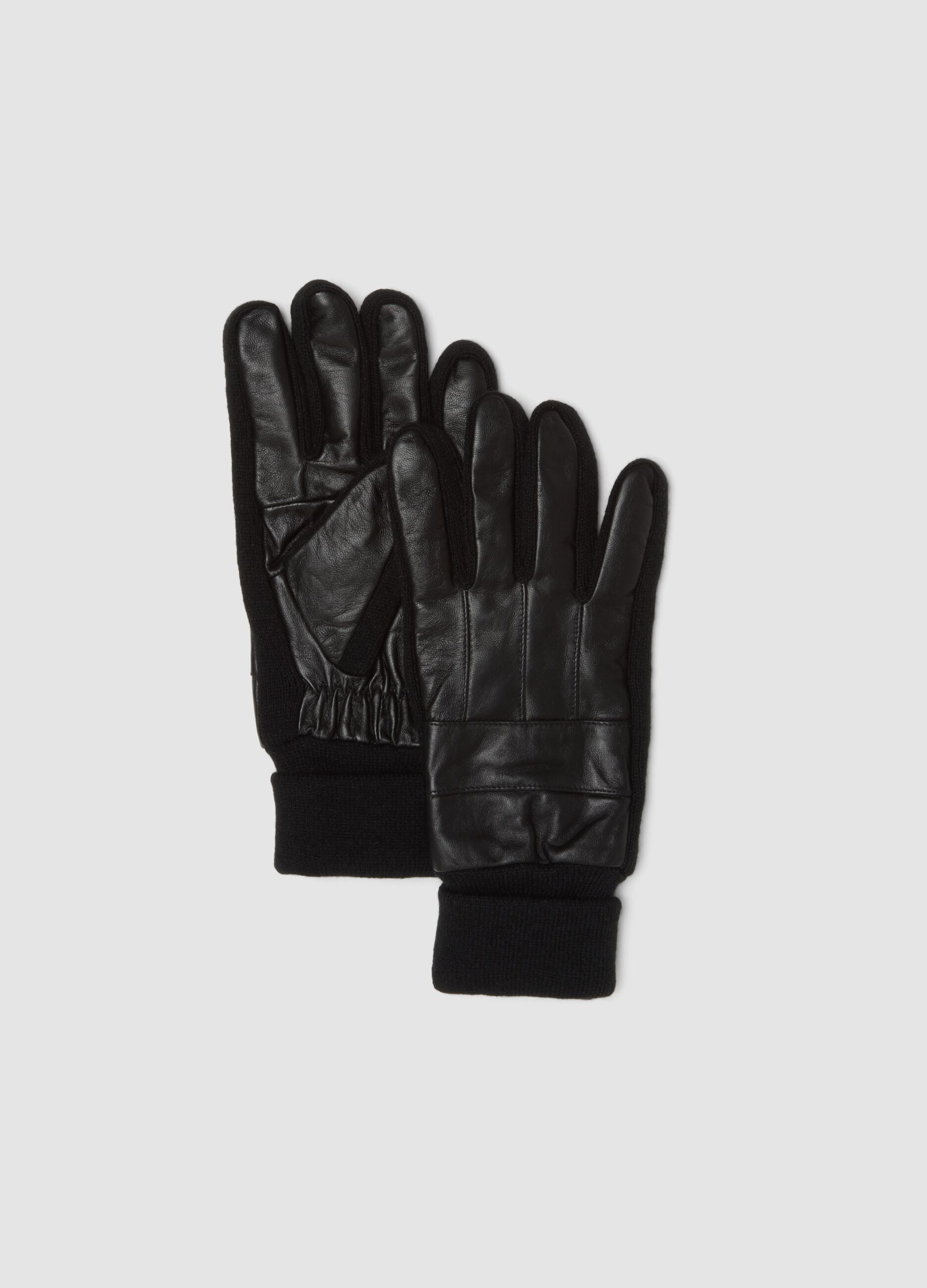 Black genuine lambskin gloves with knitted cuffs