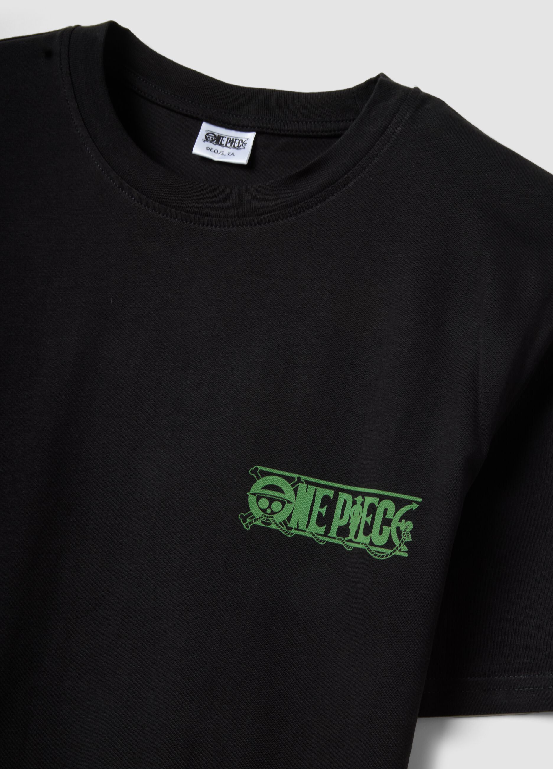 Schwarzes T-Shirt mit One Piece-Print aus reiner Baumwolle, Relaxed Fit