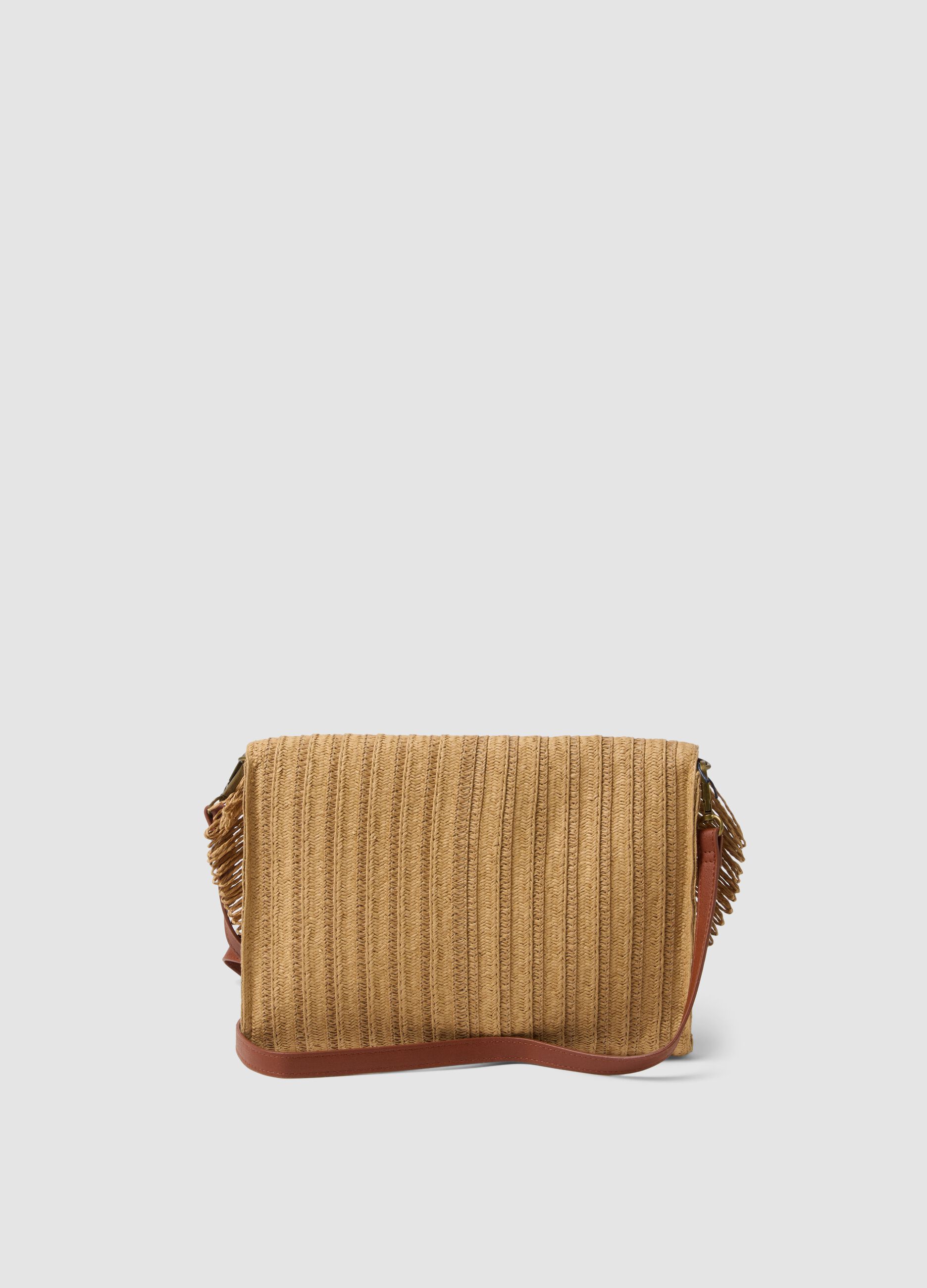 Beige crossbody bag in paper-blend fabric with fringe